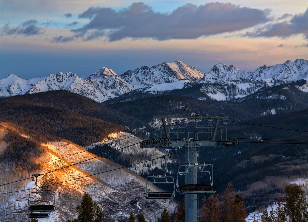 Landscape view of Vail ski slopes near Gore Range sunrise in the Vail, Minturn & Eagle region.