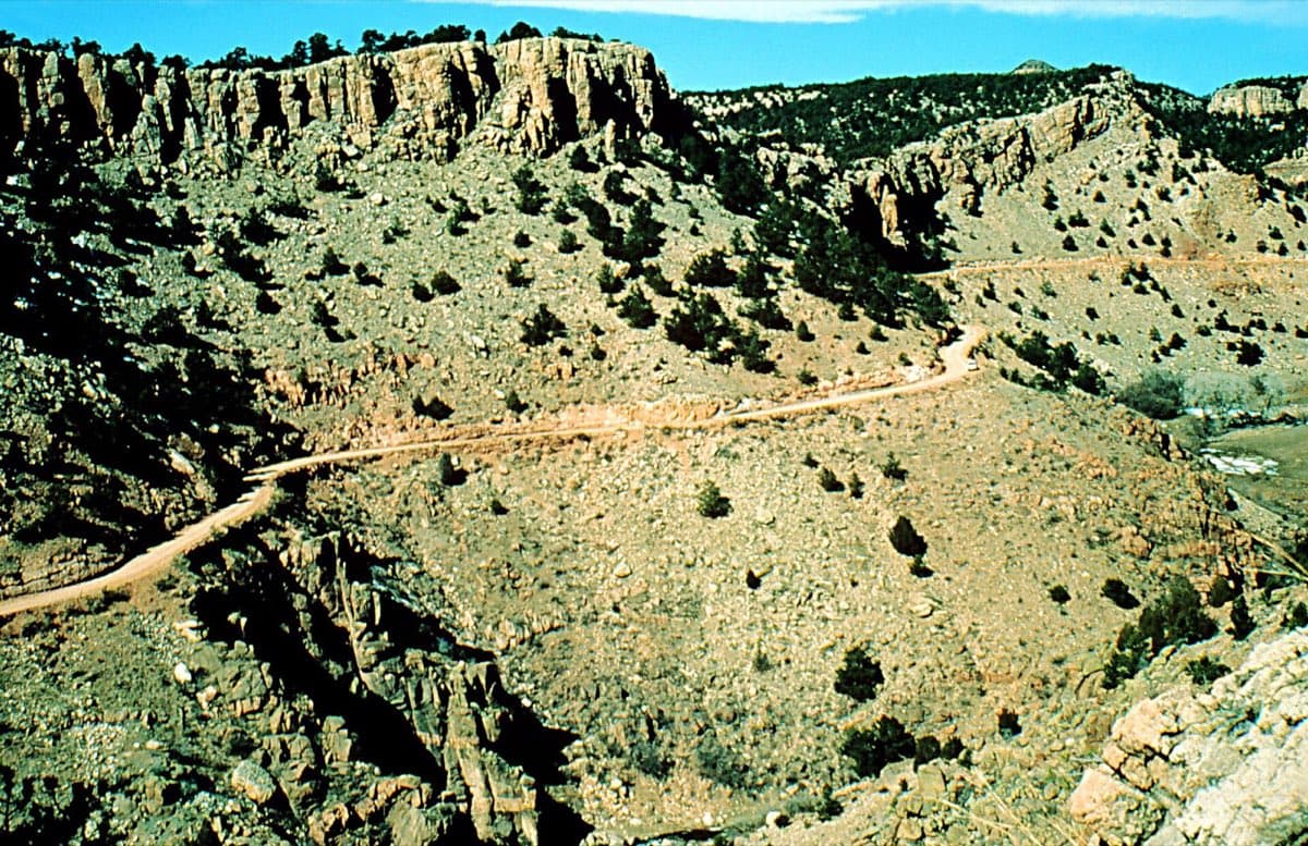 The narrow Shelf Road winds along a steep canyon wall north of Cañon City.