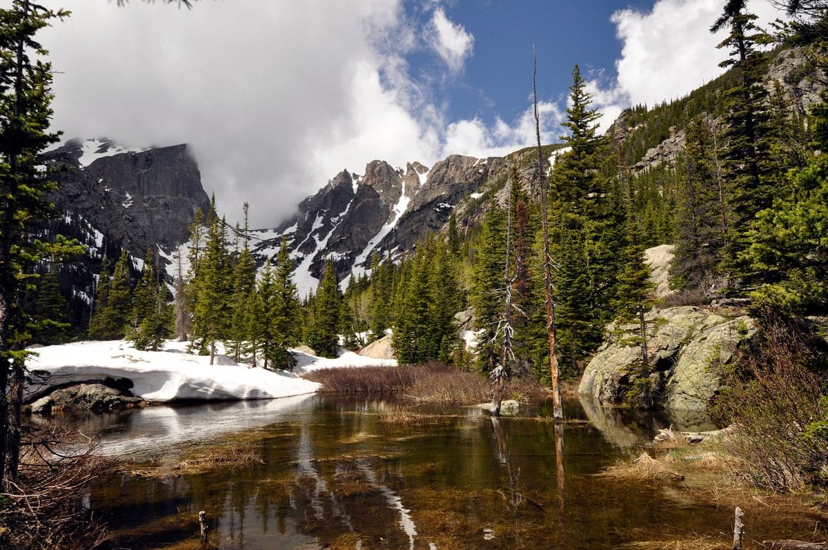 Snowy peaks and evergreen forest reflected in an alpine lake in Rocky Mountain National Park