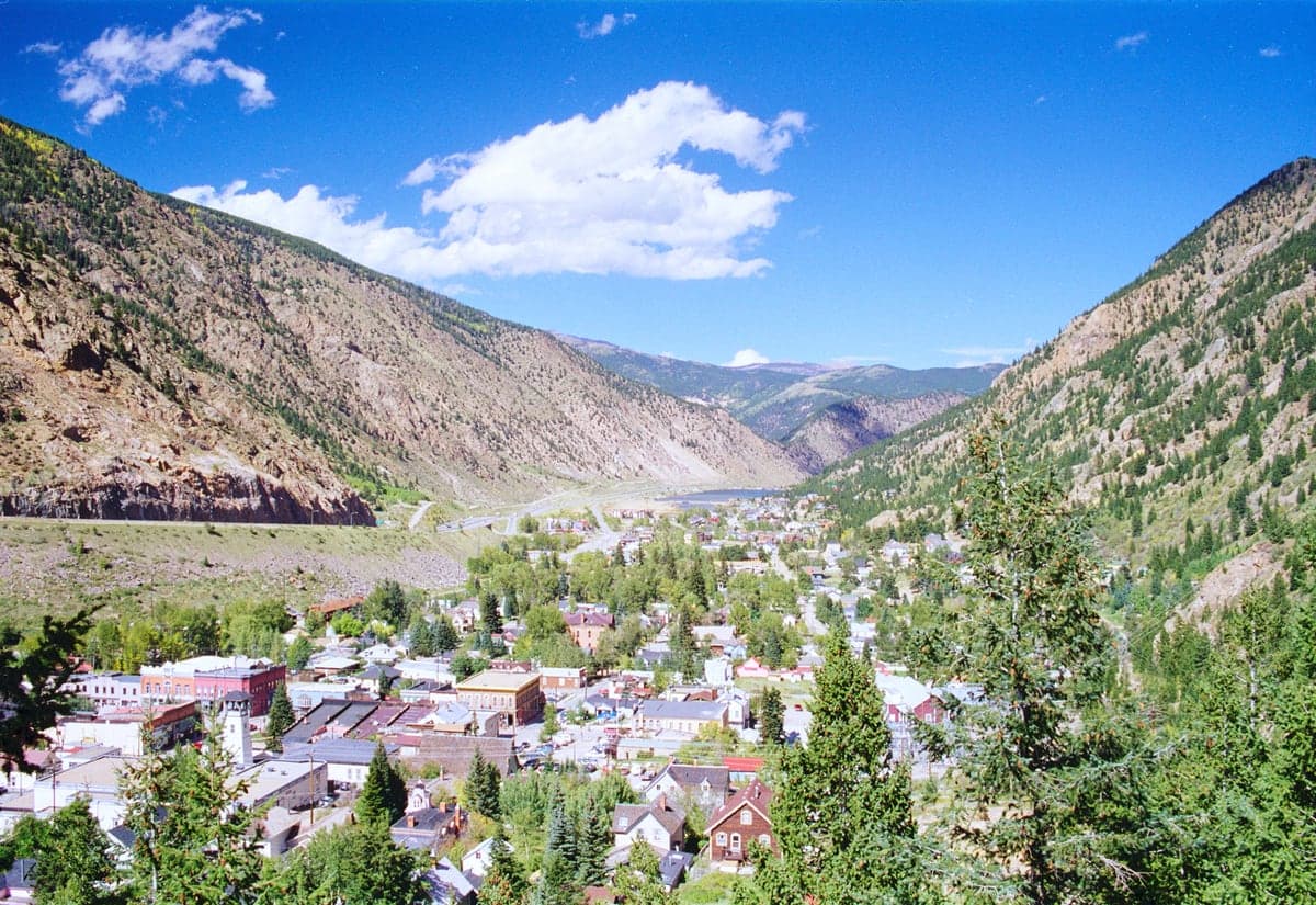 Historic Georgetown nestled in a narrow Colorado mountain valley.