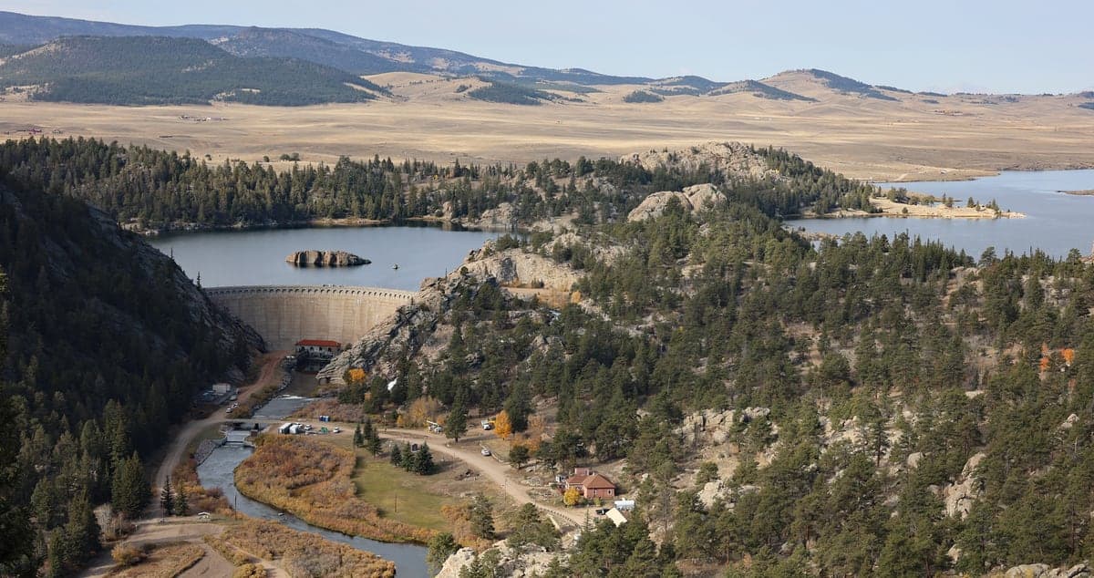 Eleven Mile Canyon Reservoir and dam viewed from the surrounding high country.