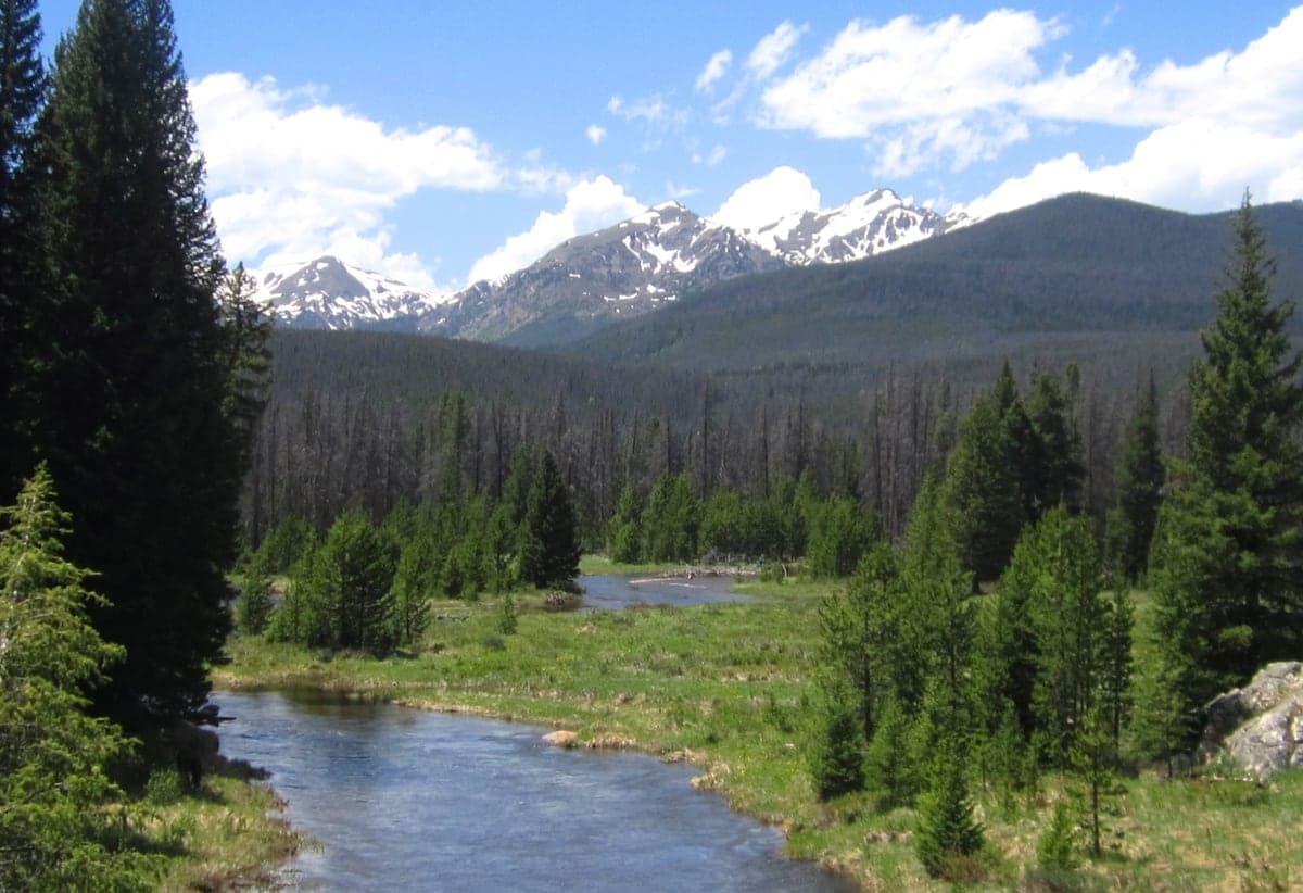 Landscape view of Colorado River near Kawuneeche Valley in the Grand Lake & Lake Granby region.