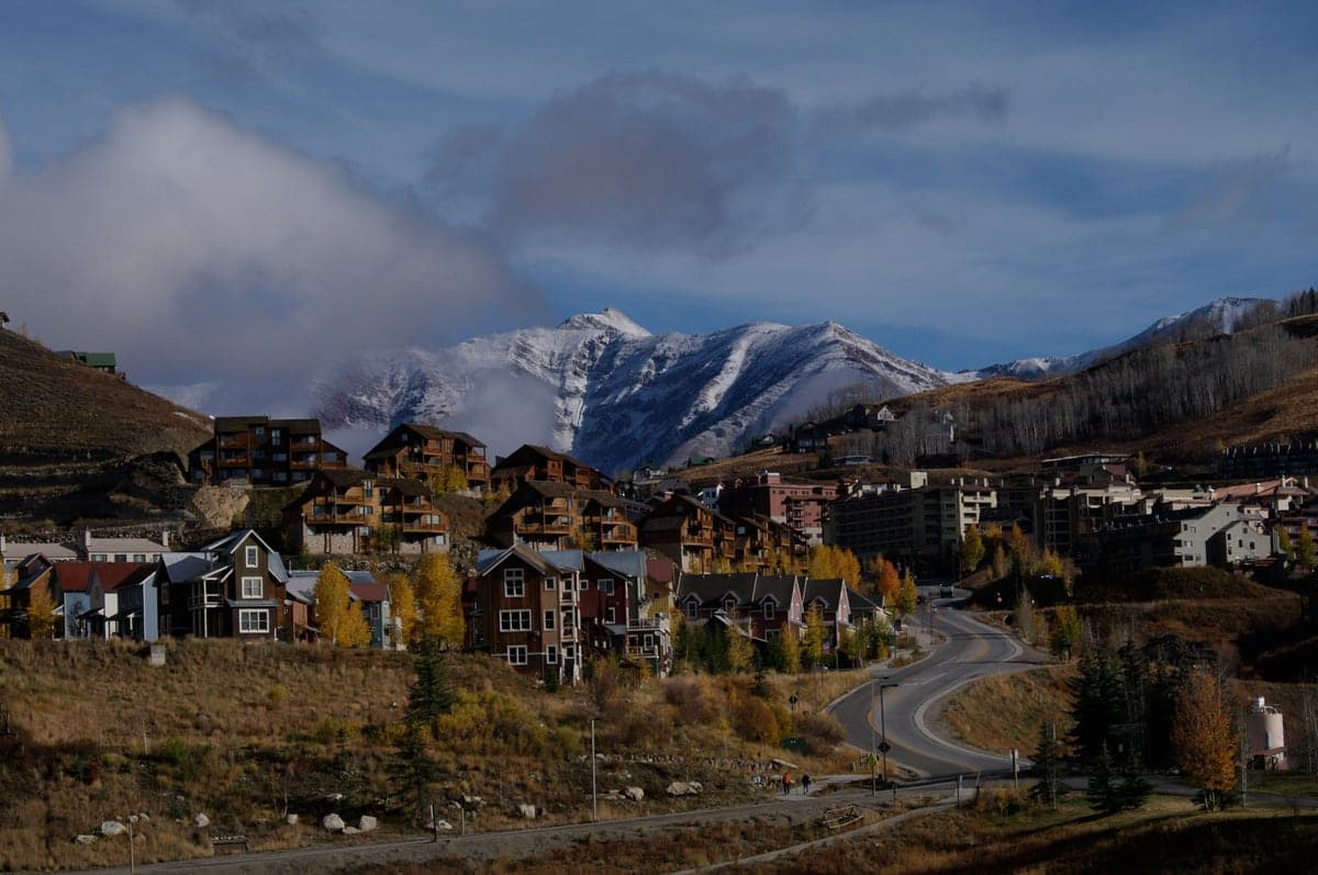 The town of Mt. Crested Butte beneath the surrounding mountain slopes.