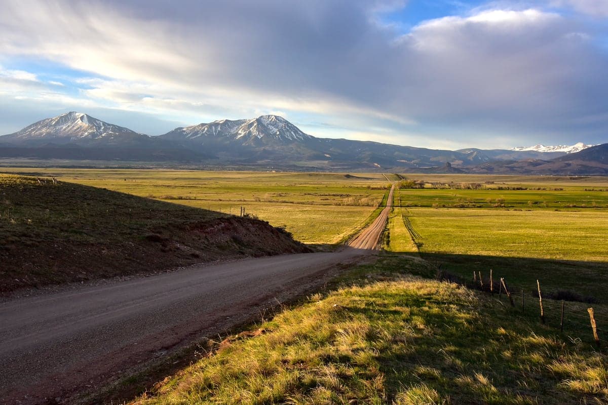 Landscape view of Spanish Peaks near Prairie road in the Spanish Peaks, Walsenburg & Trinidad region.