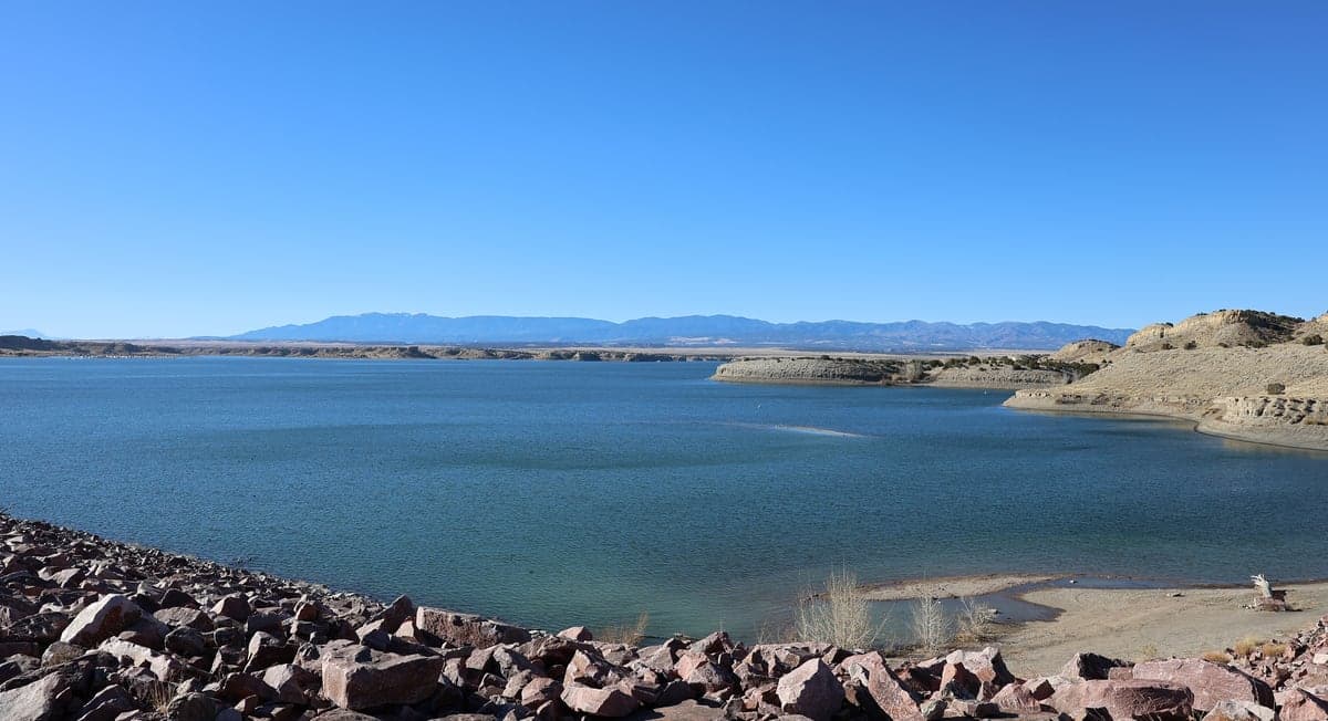 Lake Pueblo stretching toward the Wet Mountains from the north end of the dam