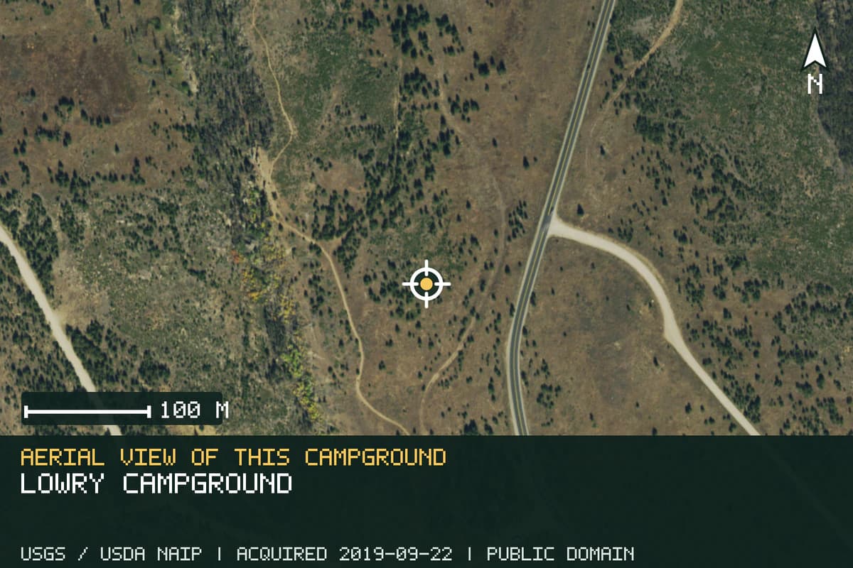 Aerial view of Lowry Campground, with the verified campground location marked.