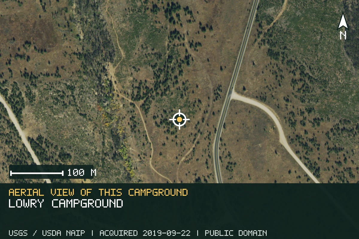 Aerial view of Lowry Campground, with the verified campground location marked.