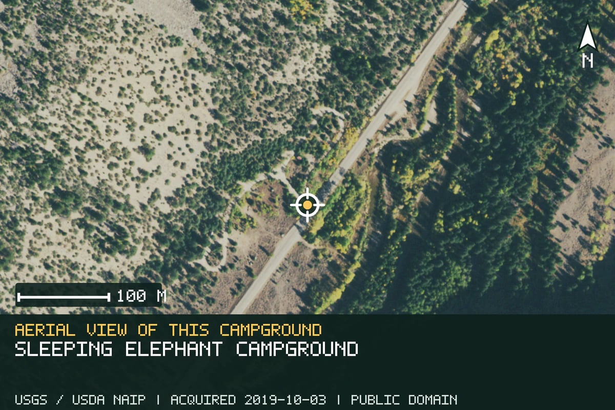 Aerial view of Sleeping Elephant Campground, with the verified campground location marked.