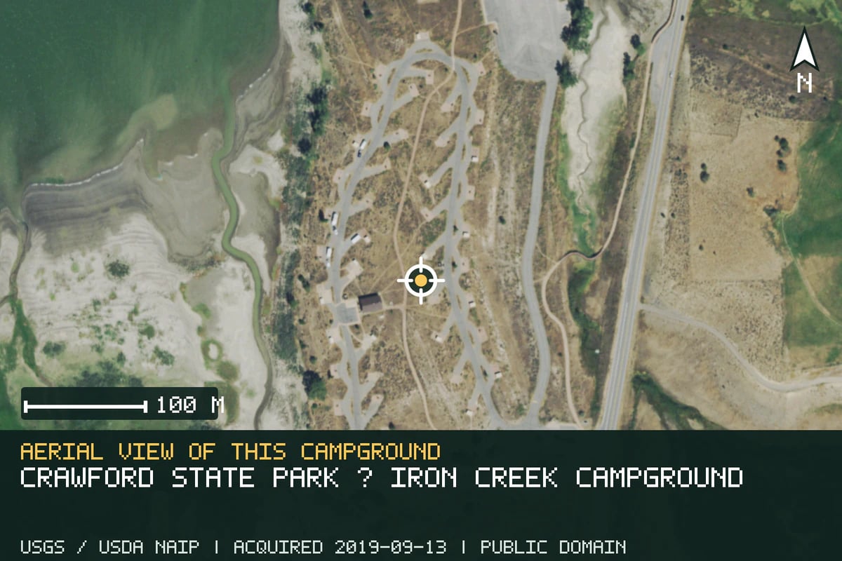 Aerial view of Crawford State Park · Iron Creek Campground, with the verified campground location marked.