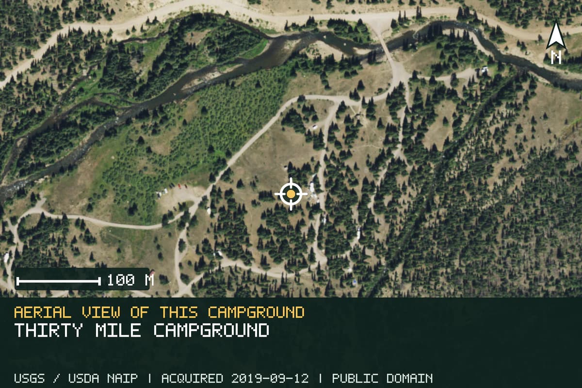 Aerial view of Thirty Mile Campground, with the verified campground location marked.