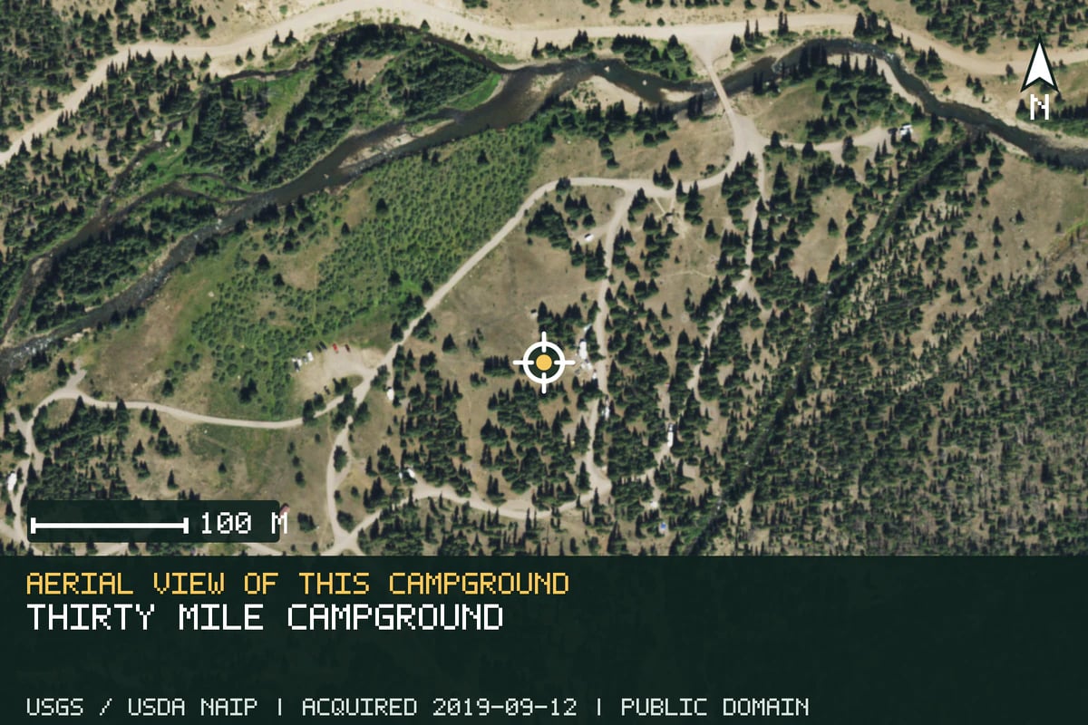 Aerial view of Thirty Mile Campground, with the verified campground location marked.