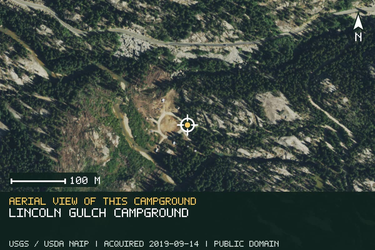 Aerial view of Lincoln Gulch Campground, with the verified campground location marked.