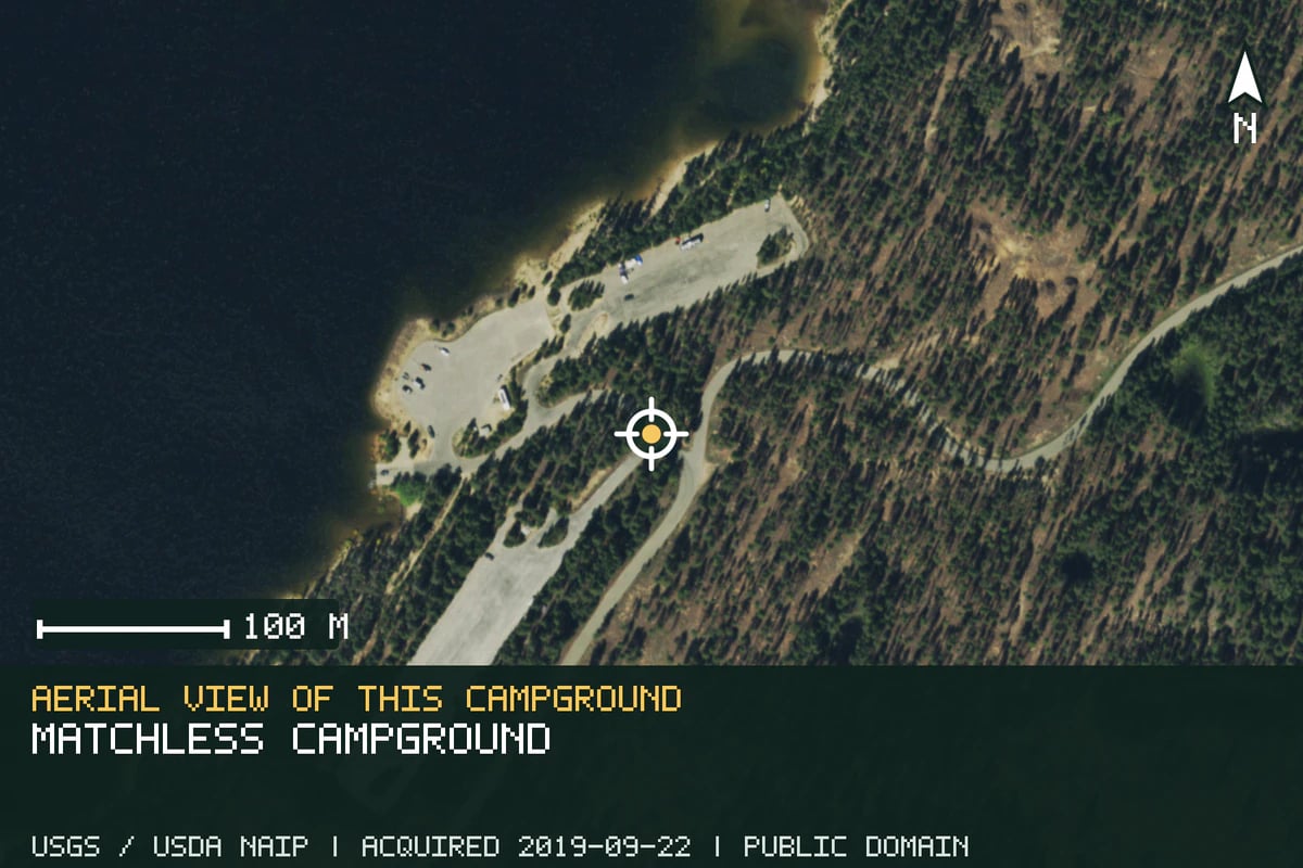 Aerial view of Matchless Campground, with the verified campground location marked.