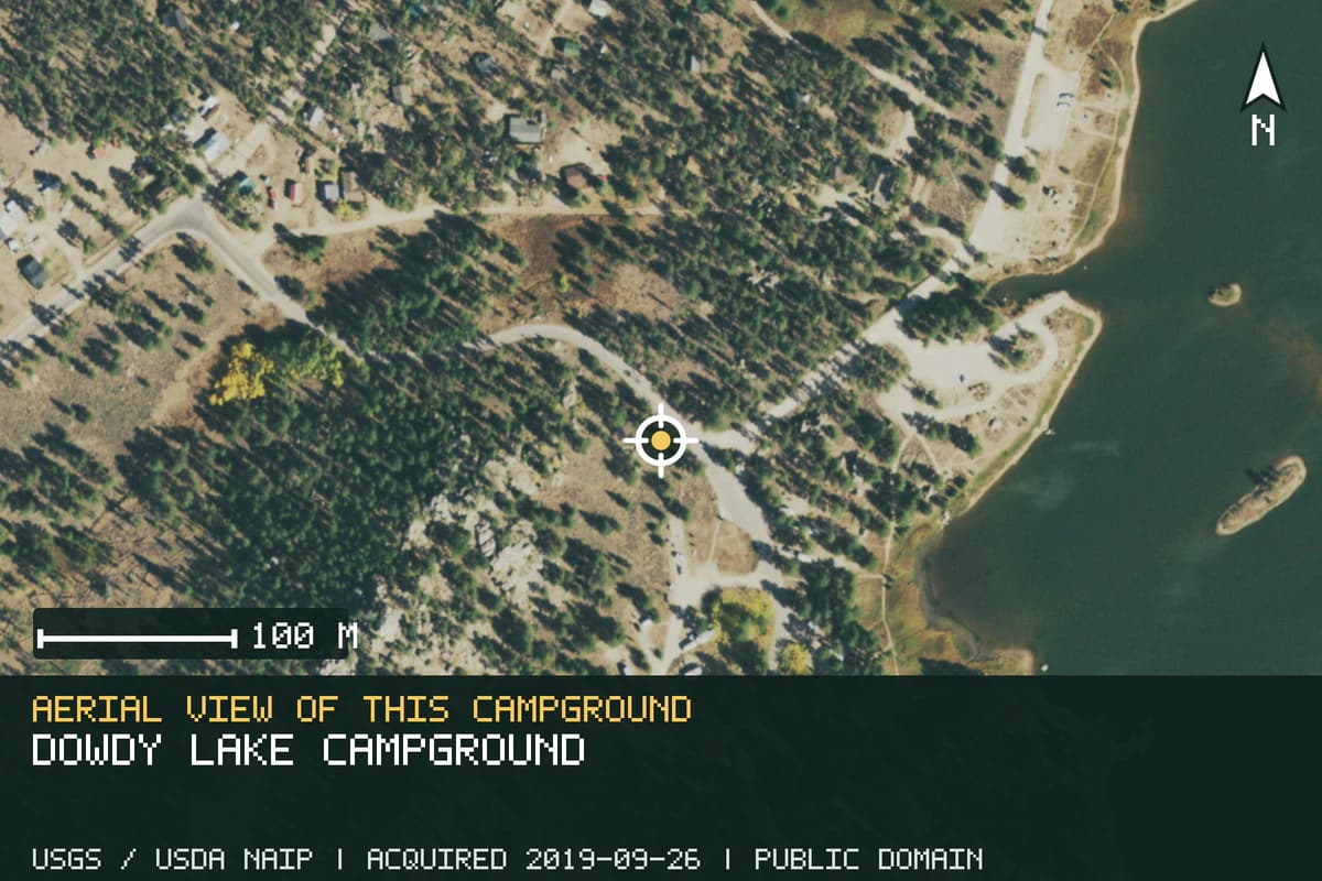 Aerial view of Dowdy Lake Campground, with the verified campground location marked.