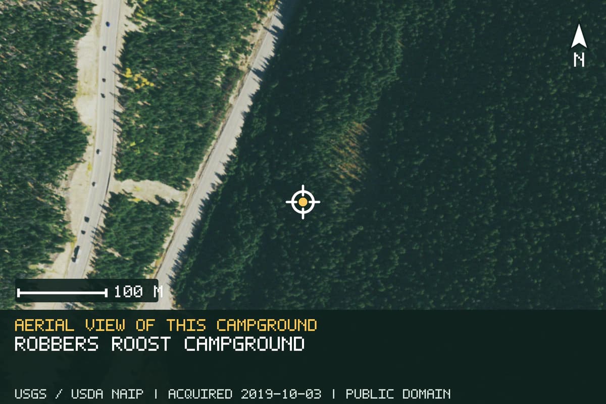 Aerial view of Robbers Roost Campground, with the verified campground location marked.