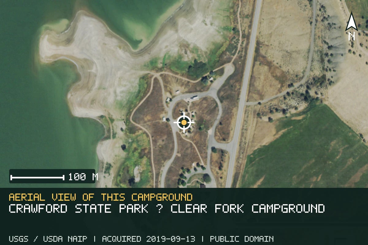 Aerial view of Crawford State Park · Clear Fork Campground, with the verified campground location marked.