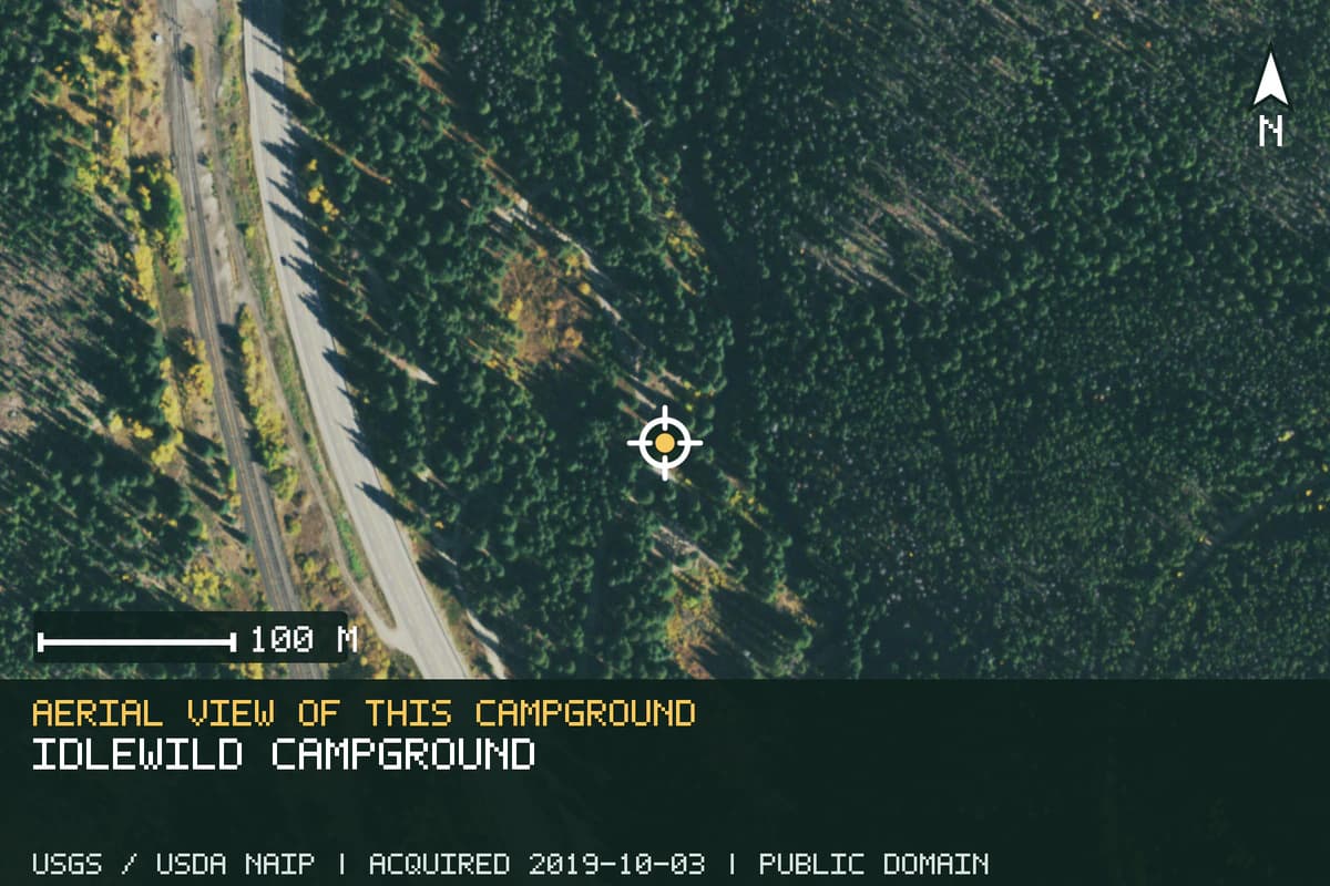 Aerial view of Idlewild Campground, with the verified campground location marked.