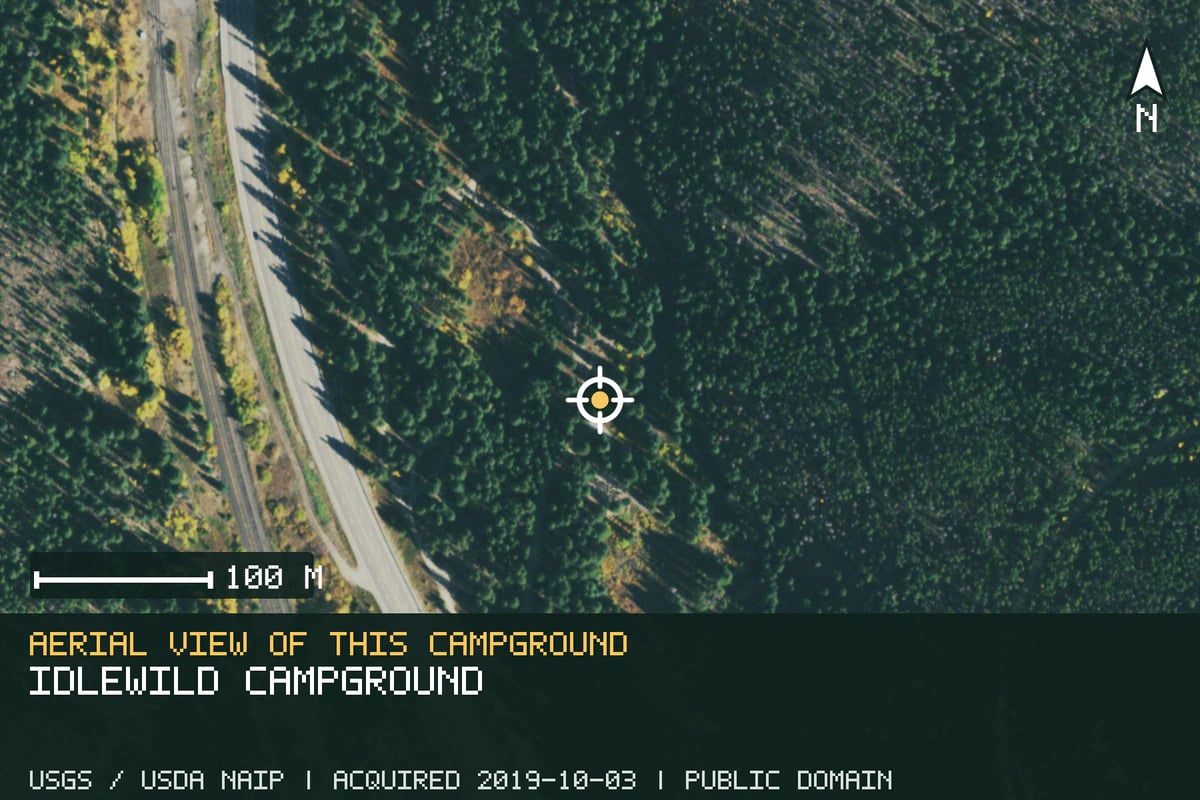 Aerial view of Idlewild Campground, with the verified campground location marked.