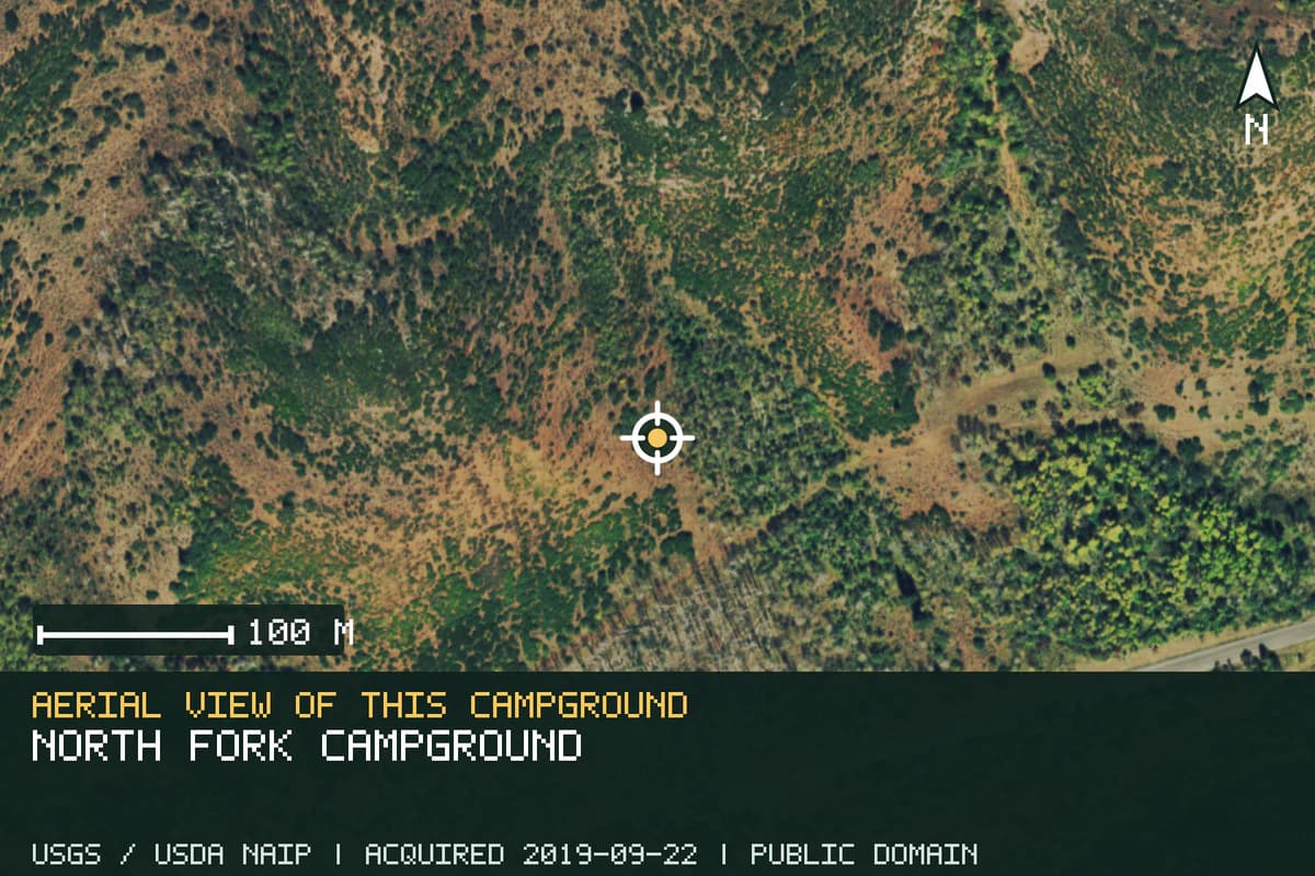Aerial view of North Fork Campground, with the verified campground location marked.
