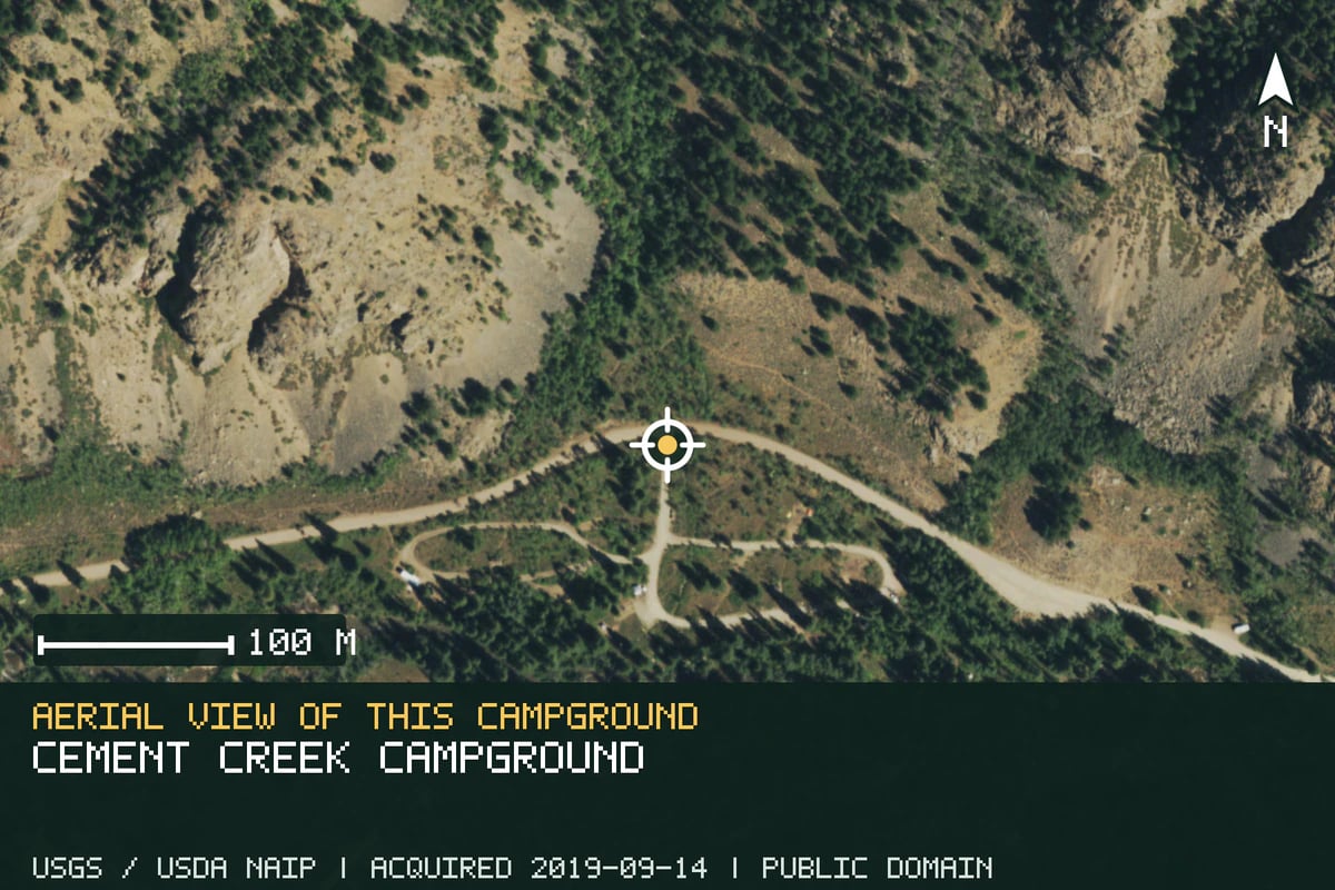 Aerial view of Cement Creek Campground, with the verified campground location marked.