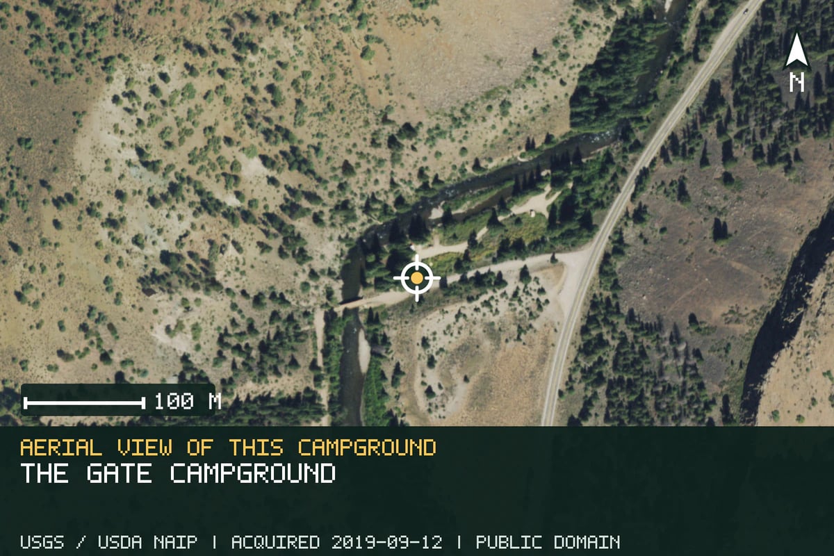 Aerial view of The Gate Campground, with the verified campground location marked.