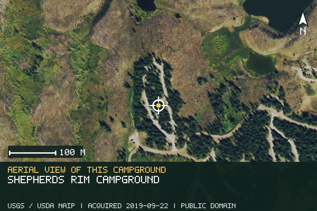 Aerial view of Shepherds Rim Campground, with the verified campground location marked.