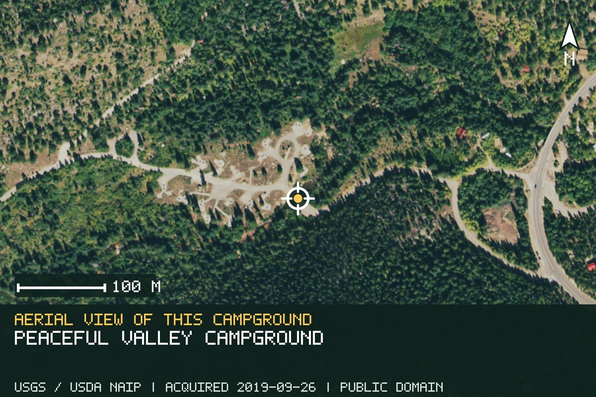 Aerial view of Peaceful Valley Campground, with the verified campground location marked.