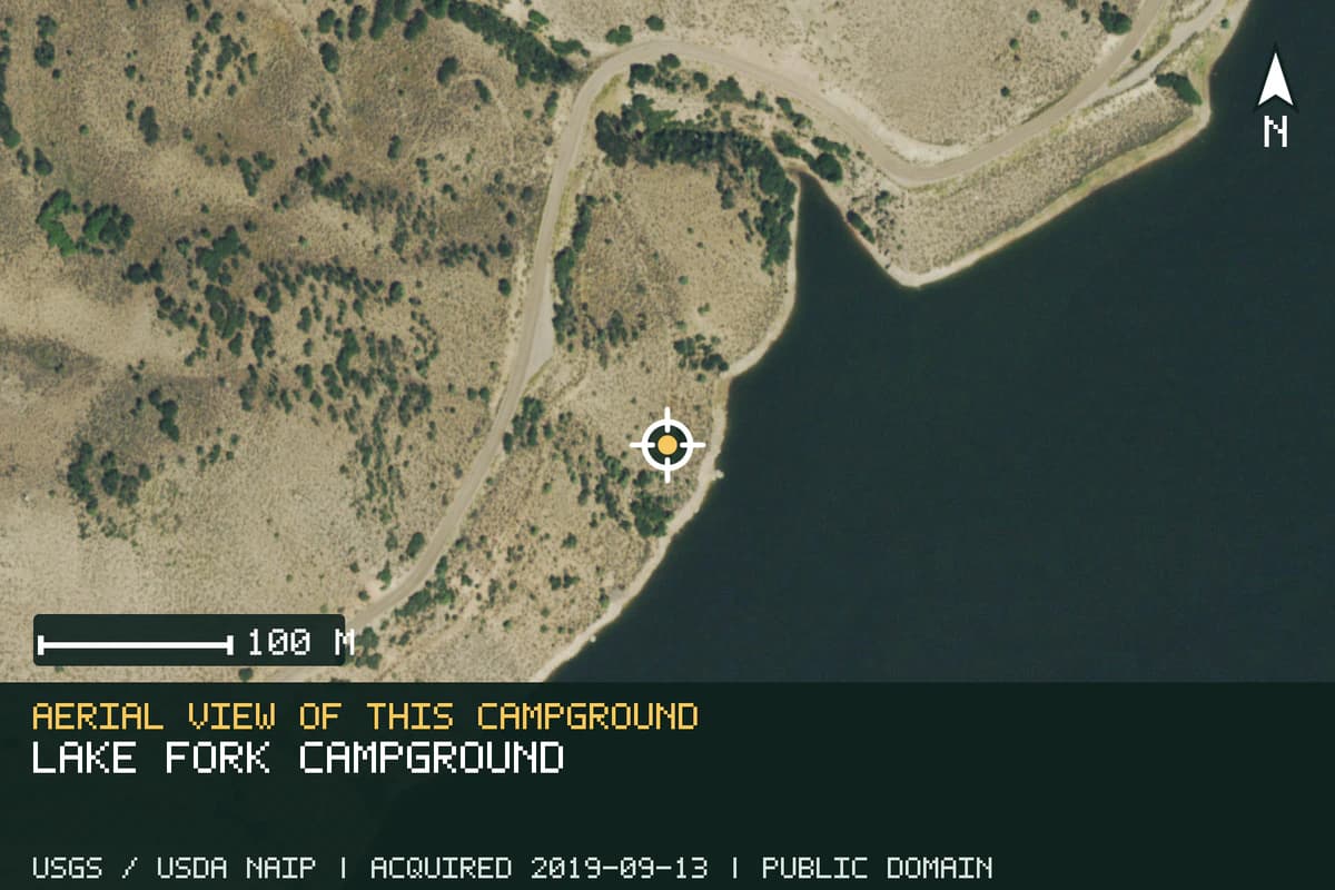Aerial view of Lake Fork Campground, with the verified campground location marked.