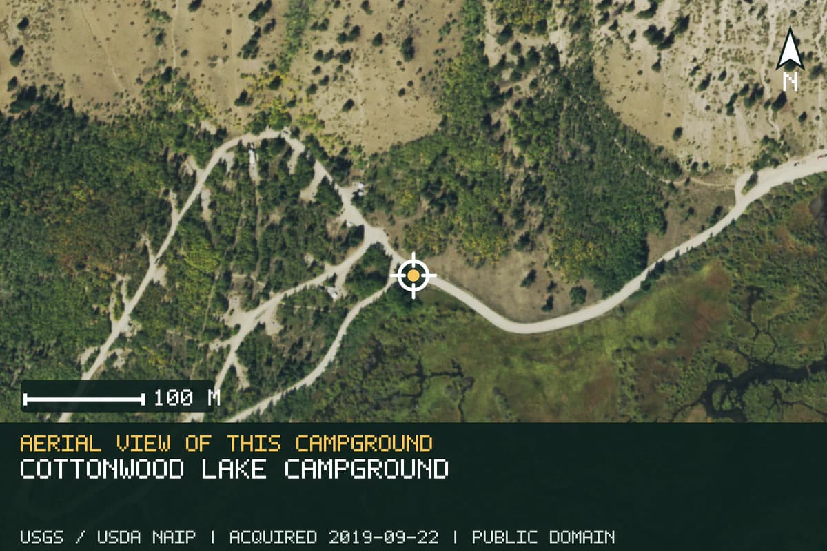 Aerial view of Cottonwood Lake Campground, with the verified campground location marked.