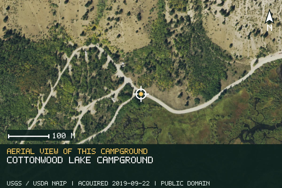 Aerial view of Cottonwood Lake Campground, with the verified campground location marked.