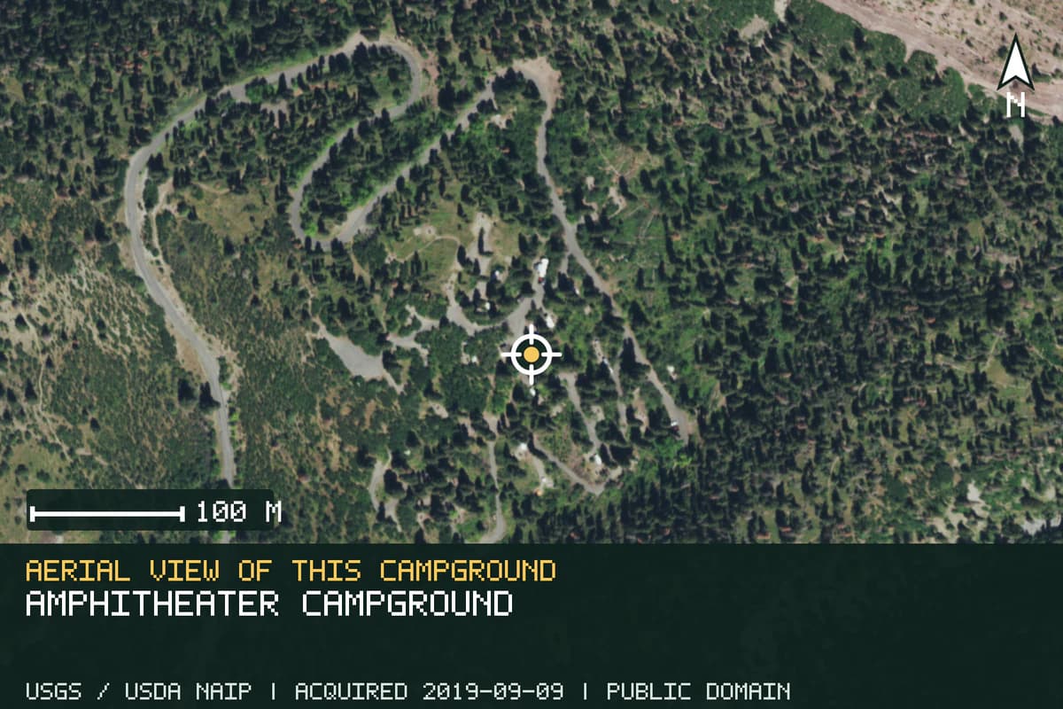 Aerial view of Amphitheater Campground, with the verified campground location marked.