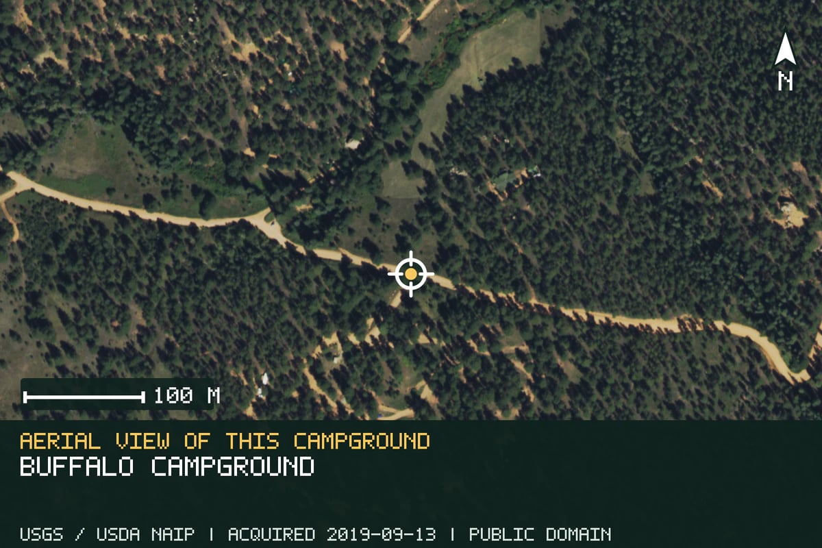 Aerial view of Buffalo Campground, with the verified campground location marked.