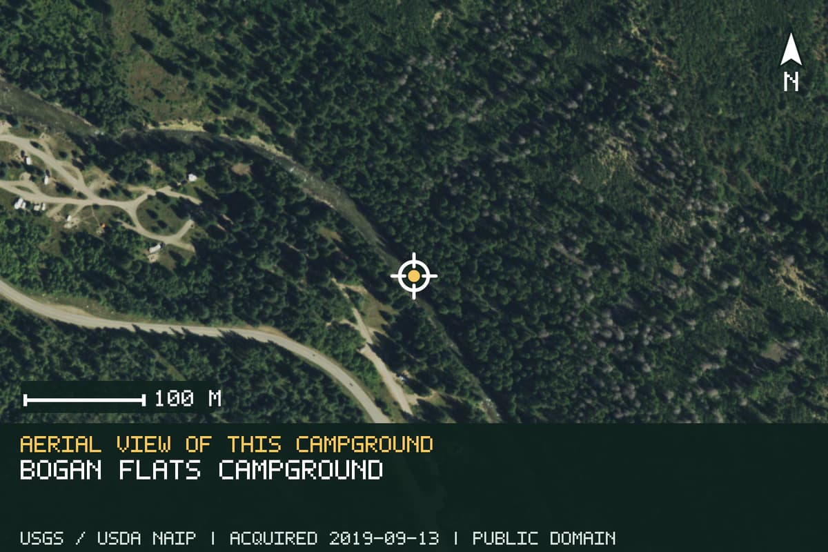 Aerial view of Bogan Flats Campground, with the verified campground location marked.