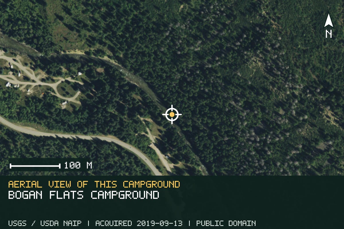 Aerial view of Bogan Flats Campground, with the verified campground location marked.
