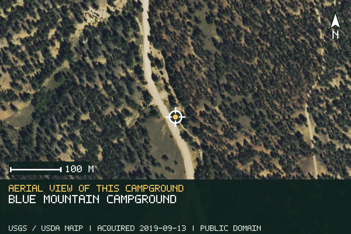 Aerial view of Blue Mountain Campground, with the verified campground location marked.