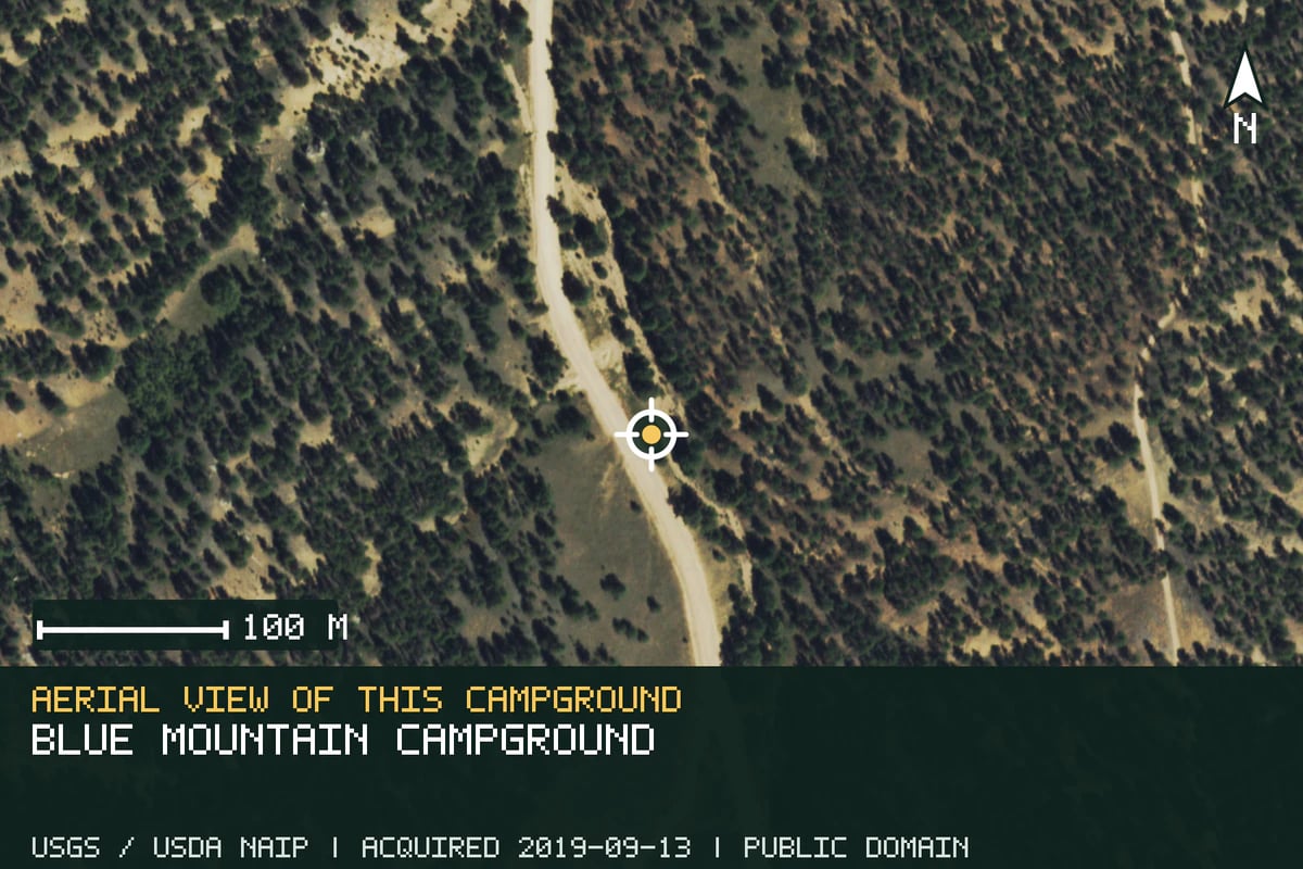 Aerial view of Blue Mountain Campground, with the verified campground location marked.