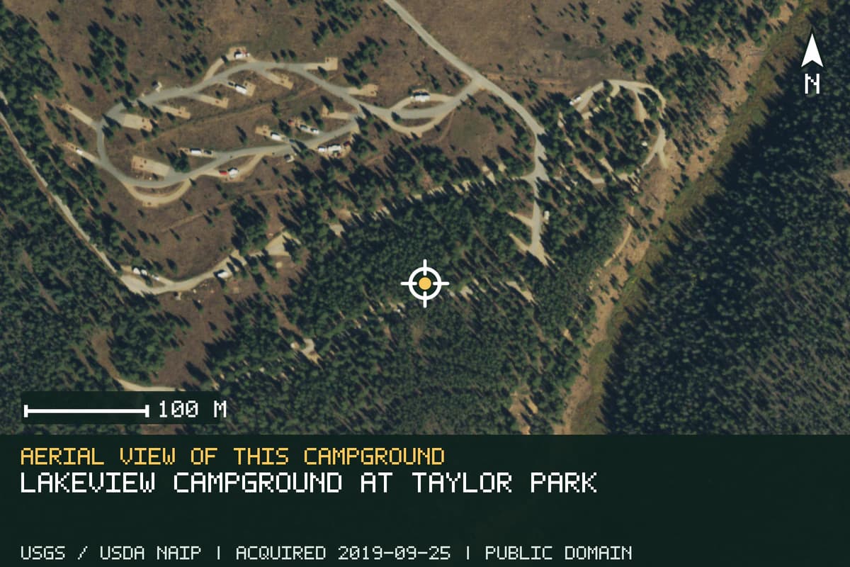 Aerial view of Lakeview Campground at Taylor Park, with the verified campground location marked.