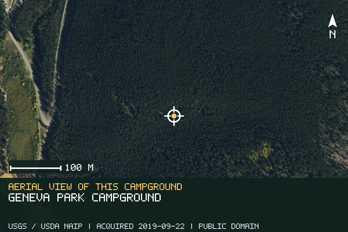 Aerial view of Geneva Park Campground, with the verified campground location marked.
