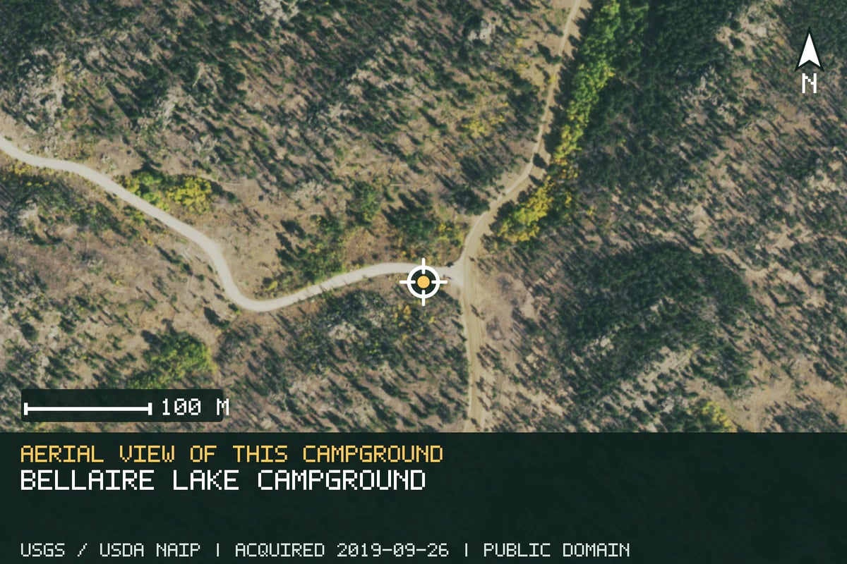 Aerial view of Bellaire Lake Campground, with the verified campground location marked.