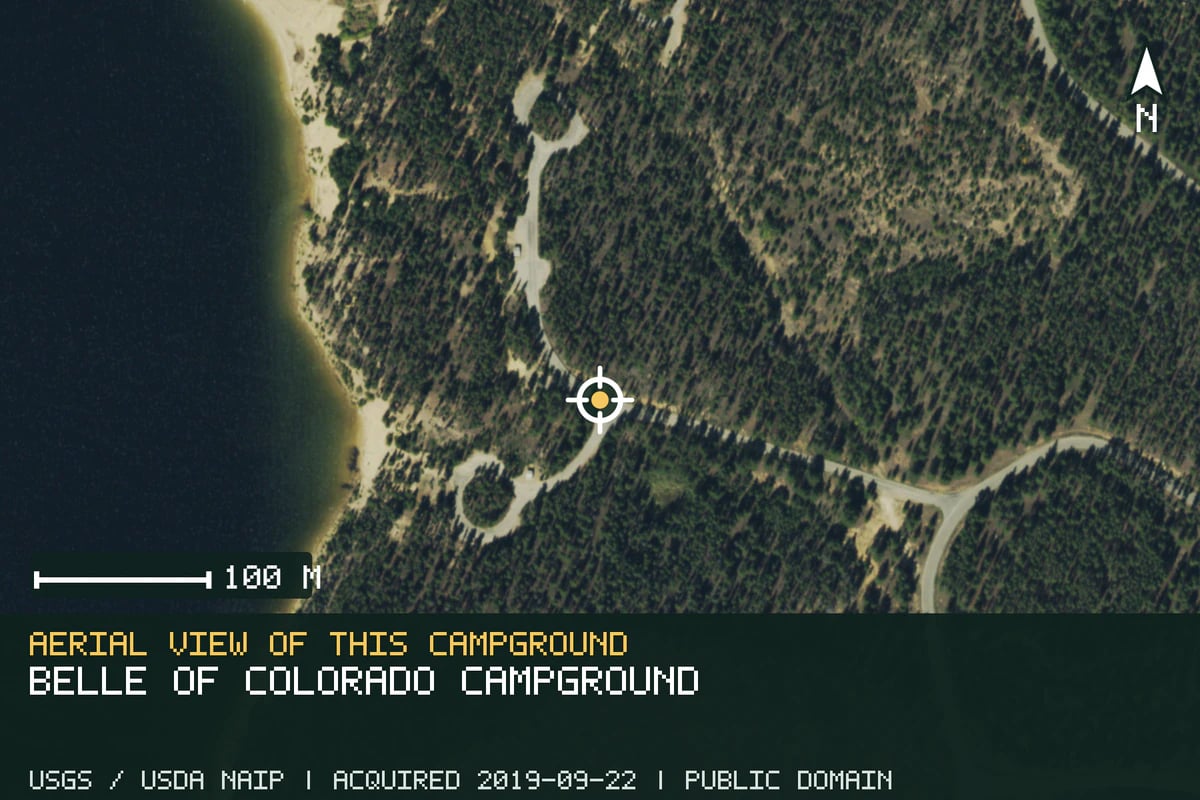 Aerial view of Belle of Colorado Campground, with the verified campground location marked.