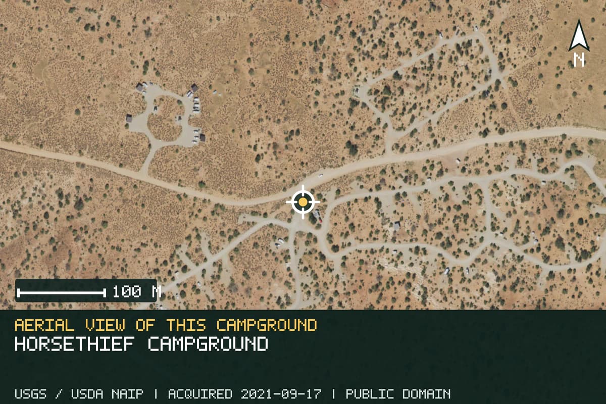 Aerial view of Horsethief Campground, with the verified campground location marked.