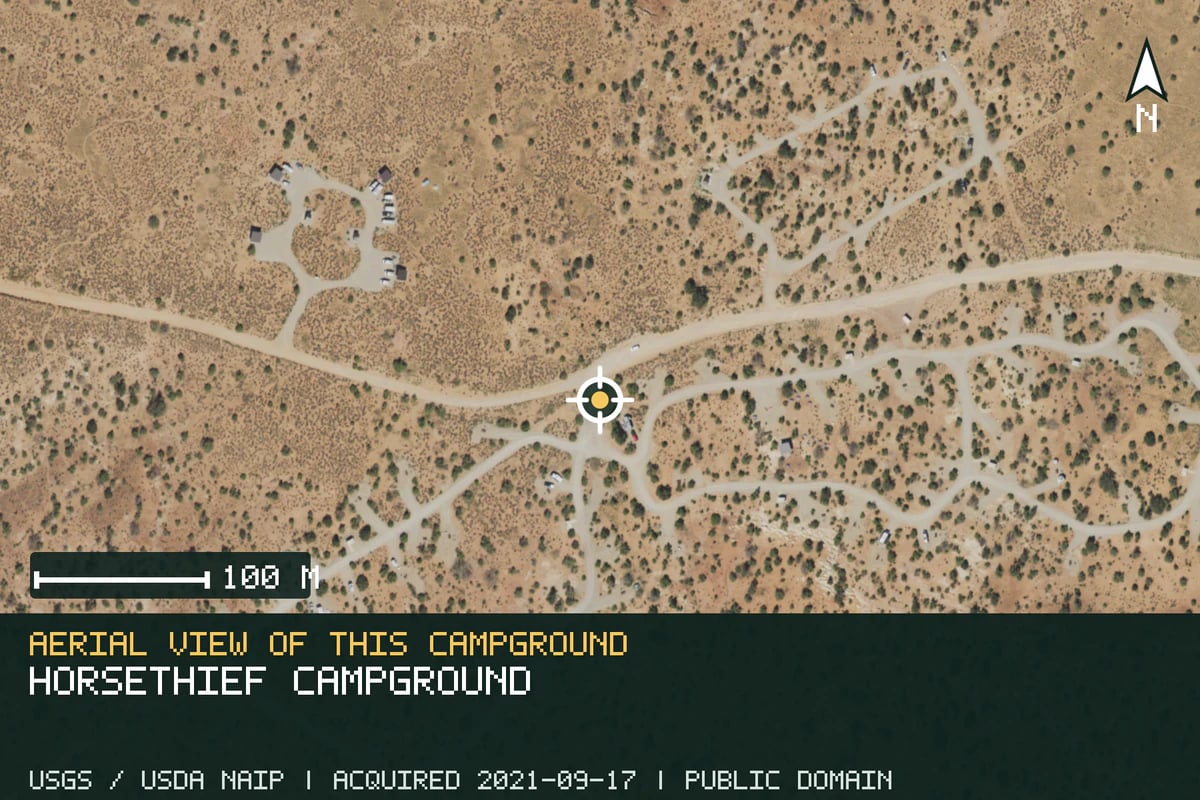 Aerial view of Horsethief Campground, with the verified campground location marked.