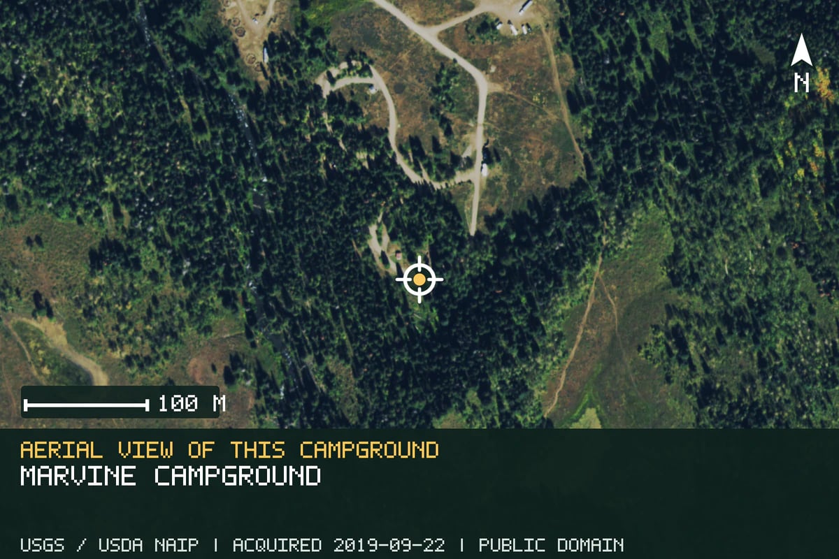 Aerial view of Marvine Campground, with the verified campground location marked.