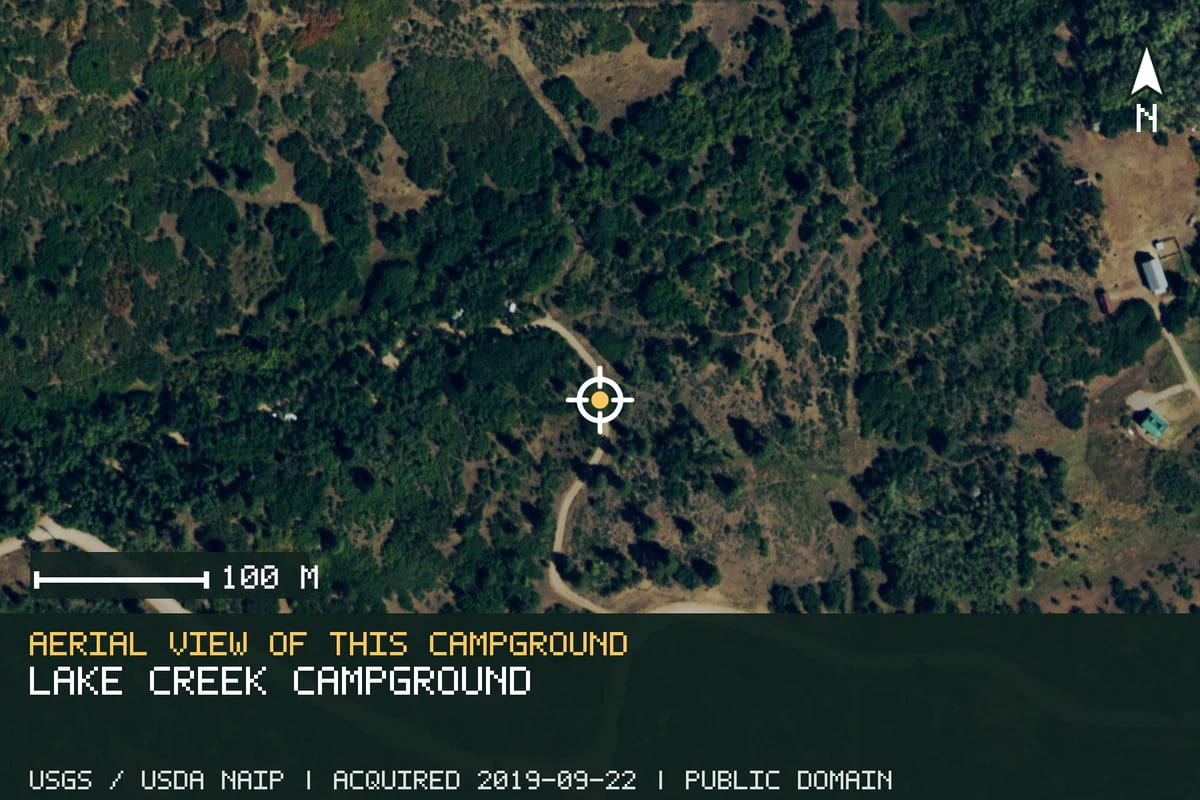 Aerial view of Lake Creek Campground, with the verified campground location marked.