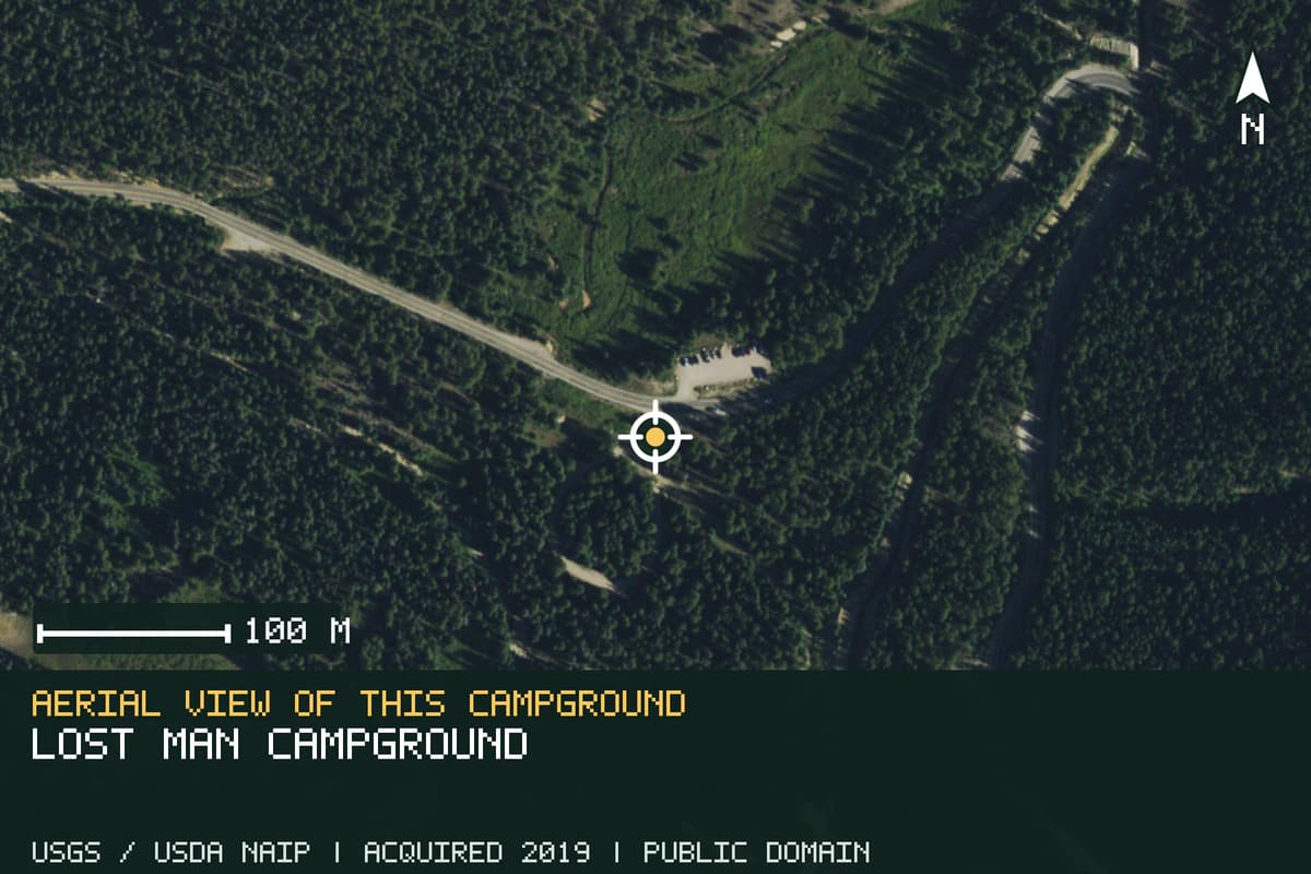 Aerial view of Lost Man Campground, with the verified campground location marked.