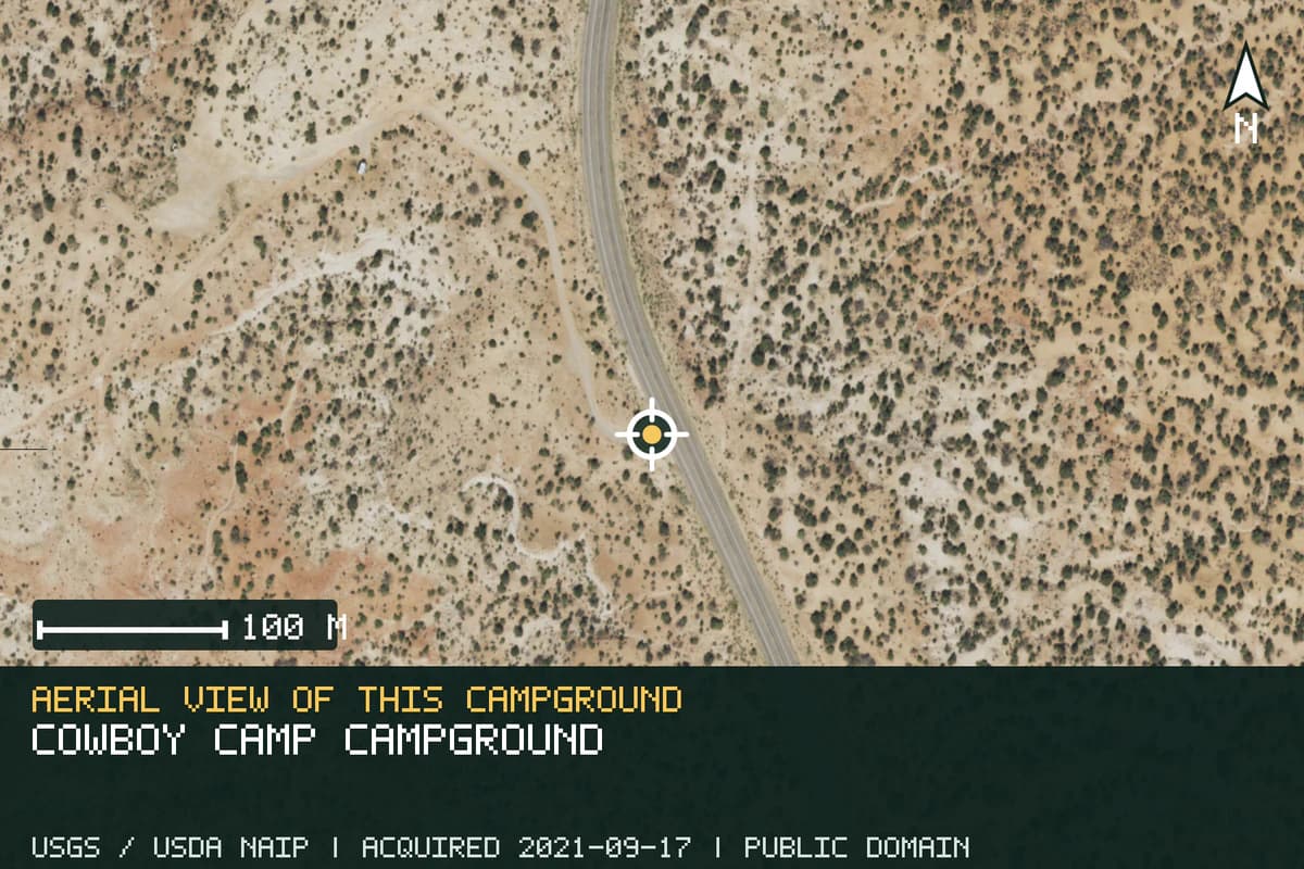 Aerial view of Cowboy Camp Campground, with the verified campground location marked.