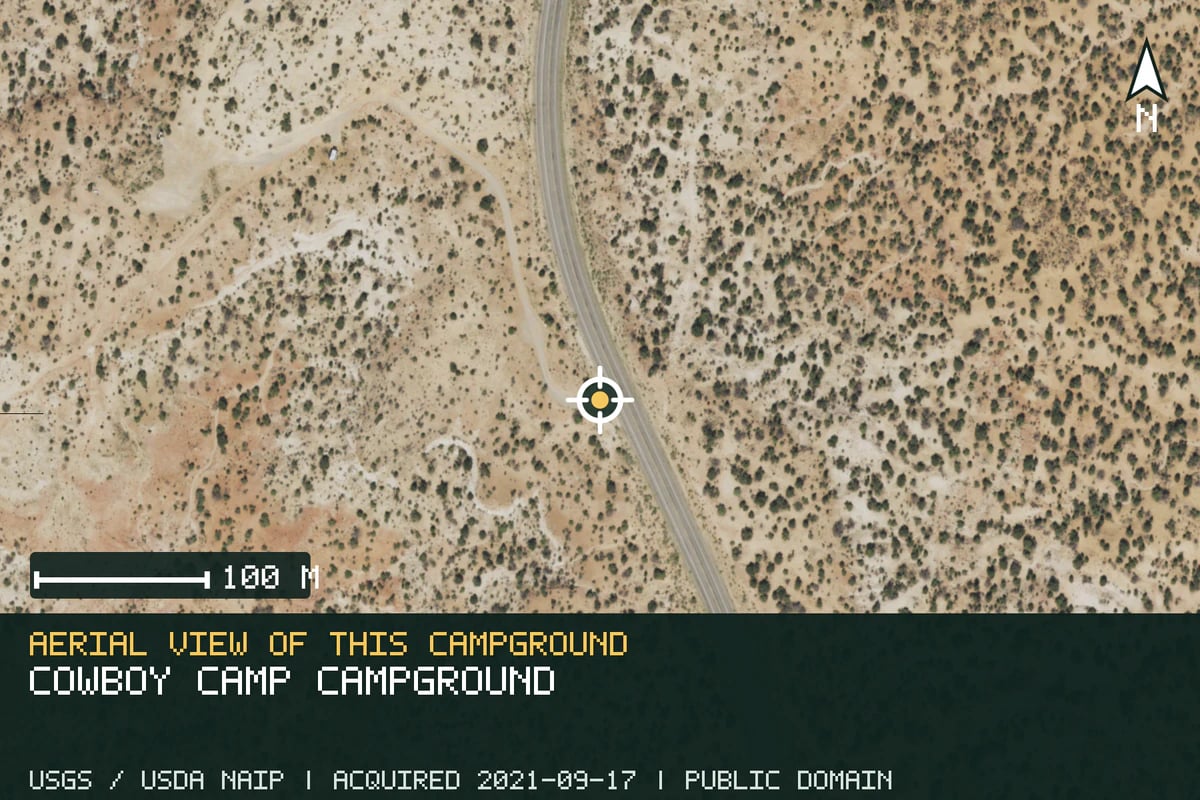 Aerial view of Cowboy Camp Campground, with the verified campground location marked.
