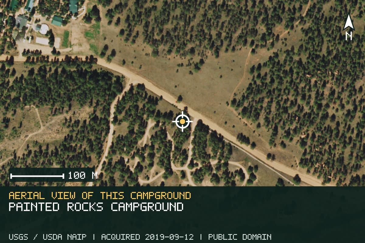 Aerial view of Painted Rocks Campground, with the verified campground location marked.