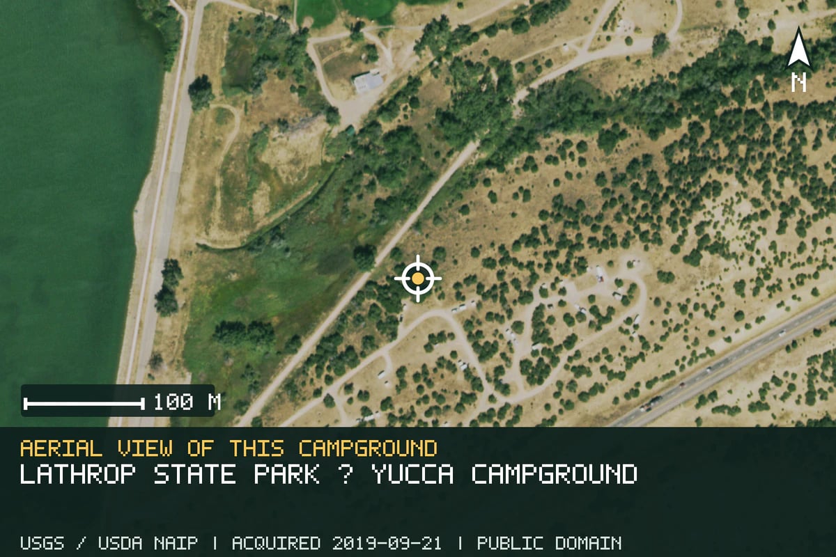 Aerial view of Lathrop State Park — Yucca Campground, with the verified campground location marked.