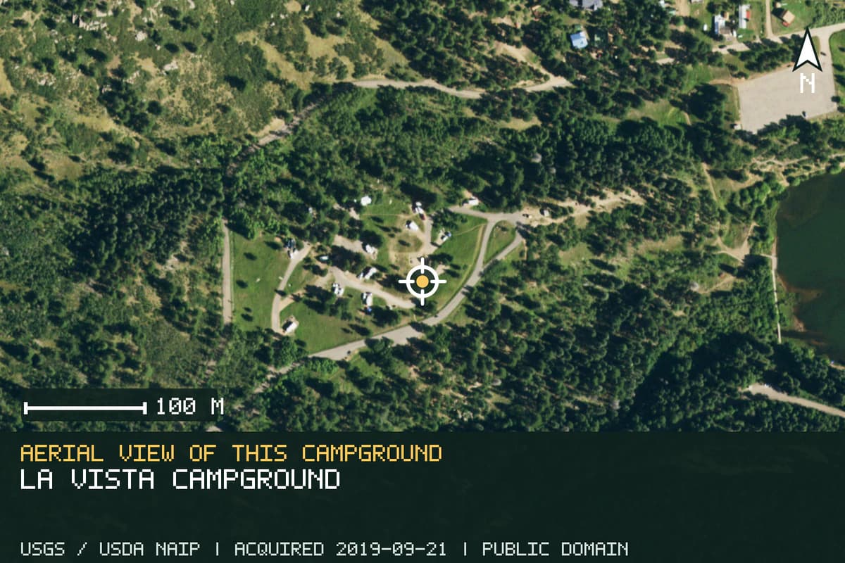 Aerial view of La Vista Campground, with the verified campground location marked.